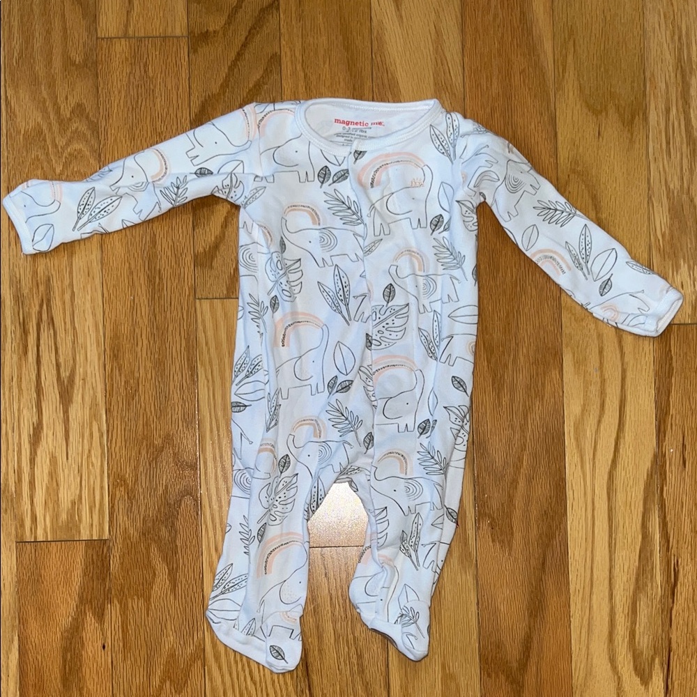 Magnetic Me White Footed One-Piece with Soft Peach & Gray Elephant Print